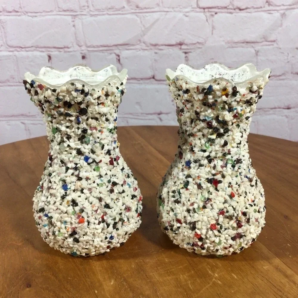 Vintage Colorful Crushed Stone Glass Scalloped Edge Vase Pair
